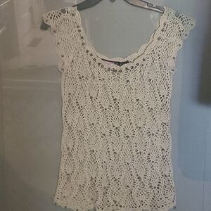 "SayWhat" Open Weave Hand Crocheted Sweater. Cap Sleeve. Sz Lg. Worn Twice.